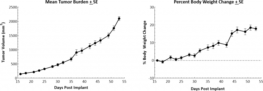 图1:雌性FVB/NJ小鼠体内MMTV-PyMT肿瘤生长动力学及体重变化。