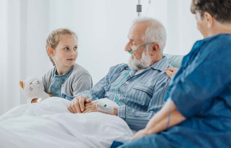 照片中，一名男子躺在病床上，周围是他的孙子和一名医生。
